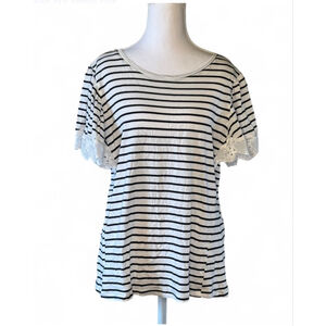 Tahari NWT Black White Striped Eyelet Sleeve Top XL Cotton Modal